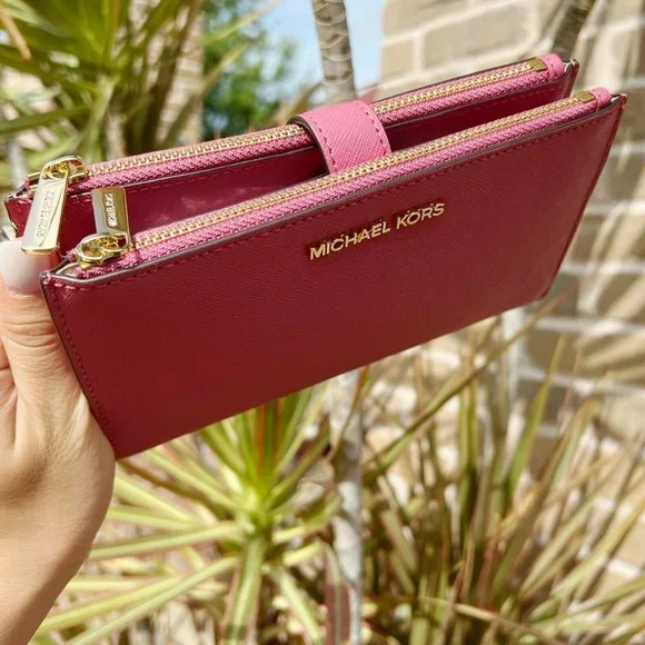 Michael Kors Jet Set Travel Double Zip Wristlet Rosewood Pink Saffiano Leather - Picture 3 of 5